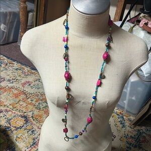 Colorful glass and metal beaded long necklace